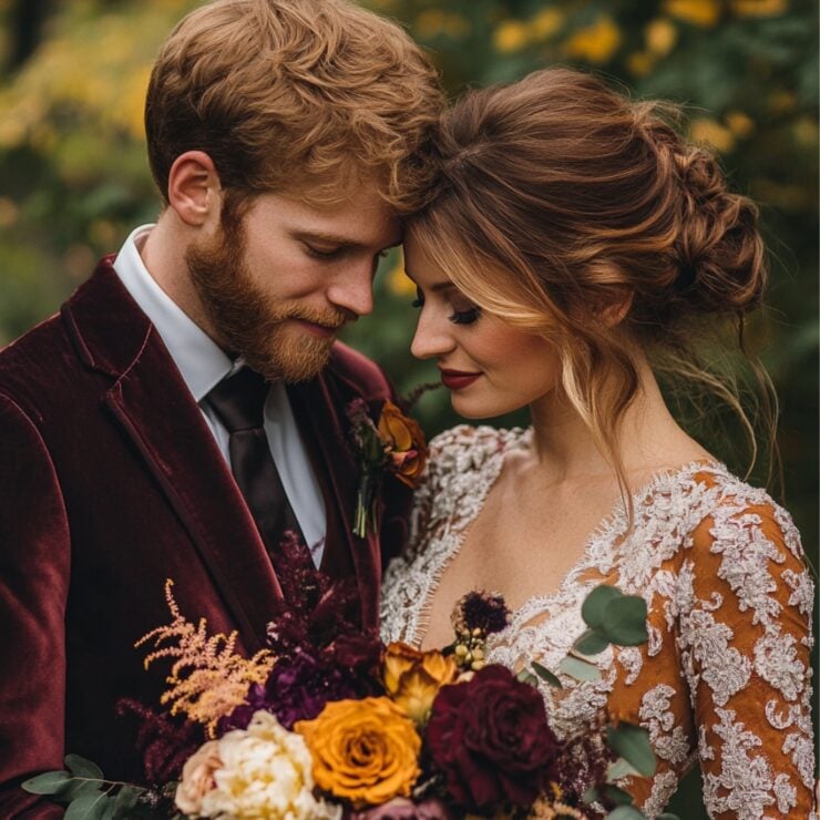 Couple dressed in coordinated fall wedding outfits featuring rich colors, luxurious fabrics, and stylish accessories, reflecting their personal style and the beauty of the season.