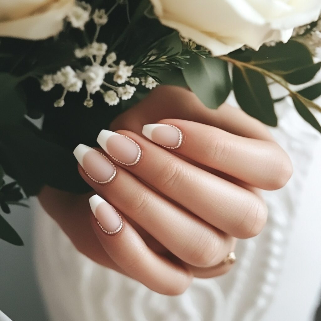 Modern bridal nails with a matte French manicure, where the glossy finish is replaced by a matte top coat, creating a sleek and contemporary look.