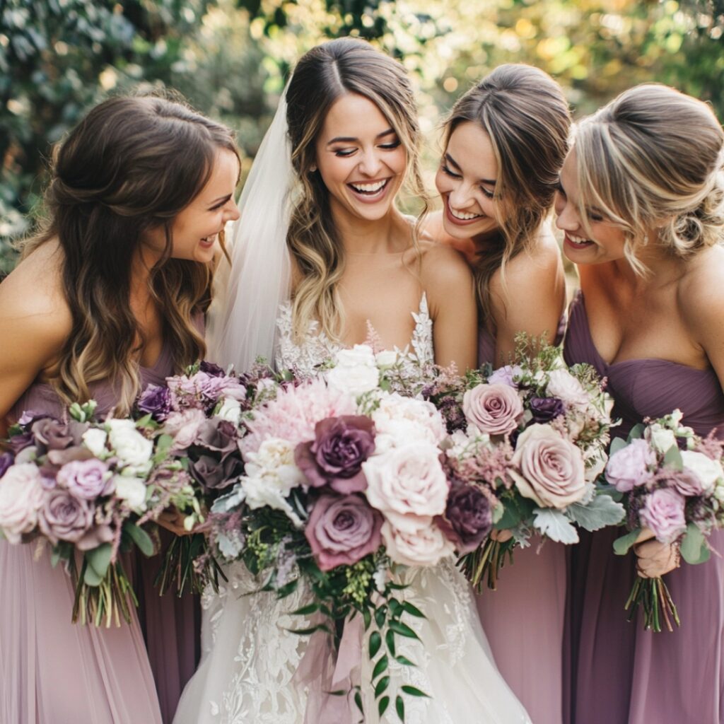 Bridesmaids in mauve dresses, blending pink and purple tones to create a soft, romantic look that enhances the fall wedding theme with subtle elegance.
