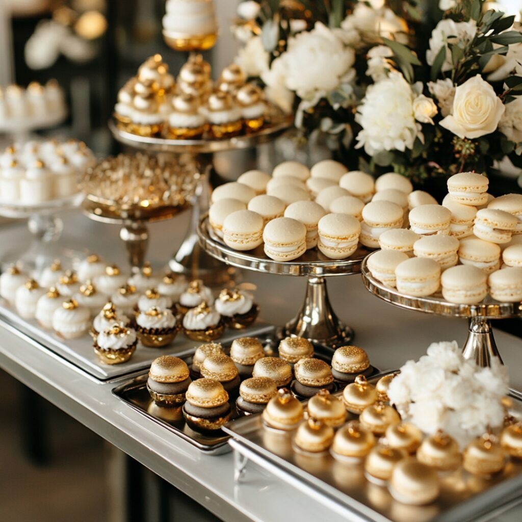 A minimalist dessert table with metallic accents, showcasing gold-dusted macarons, champagne truffles, and mini cakes with metallic foiling on sleek metal trays.