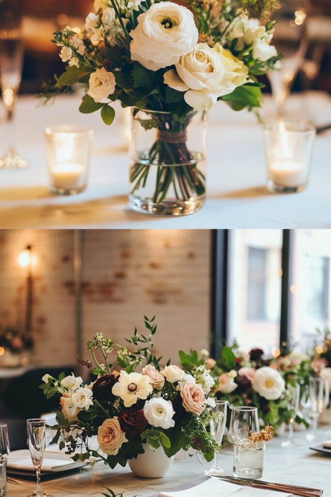 Simple yet elegant floral arrangements featuring seasonal blooms and greenery, enhancing the wedding décor with understated beauty.