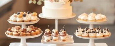 A minimalist wedding dessert table that focuses on a few exquisite desserts and a cohesive presentation for a sophisticated and timeless wedding look.