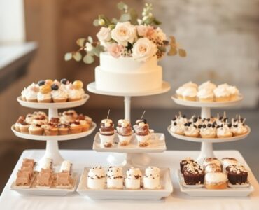 A minimalist wedding dessert table that focuses on a few exquisite desserts and a cohesive presentation for a sophisticated and timeless wedding look.