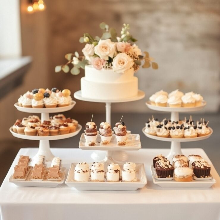 A minimalist wedding dessert table that focuses on a few exquisite desserts and a cohesive presentation for a sophisticated and timeless wedding look.
