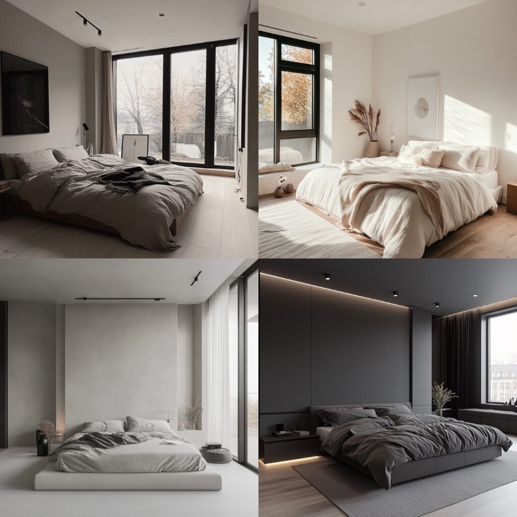 A modern minimalist bedroom for couples, showcasing a monochromatic color scheme, sleek furniture, and clutter-free, organized space with natural light.