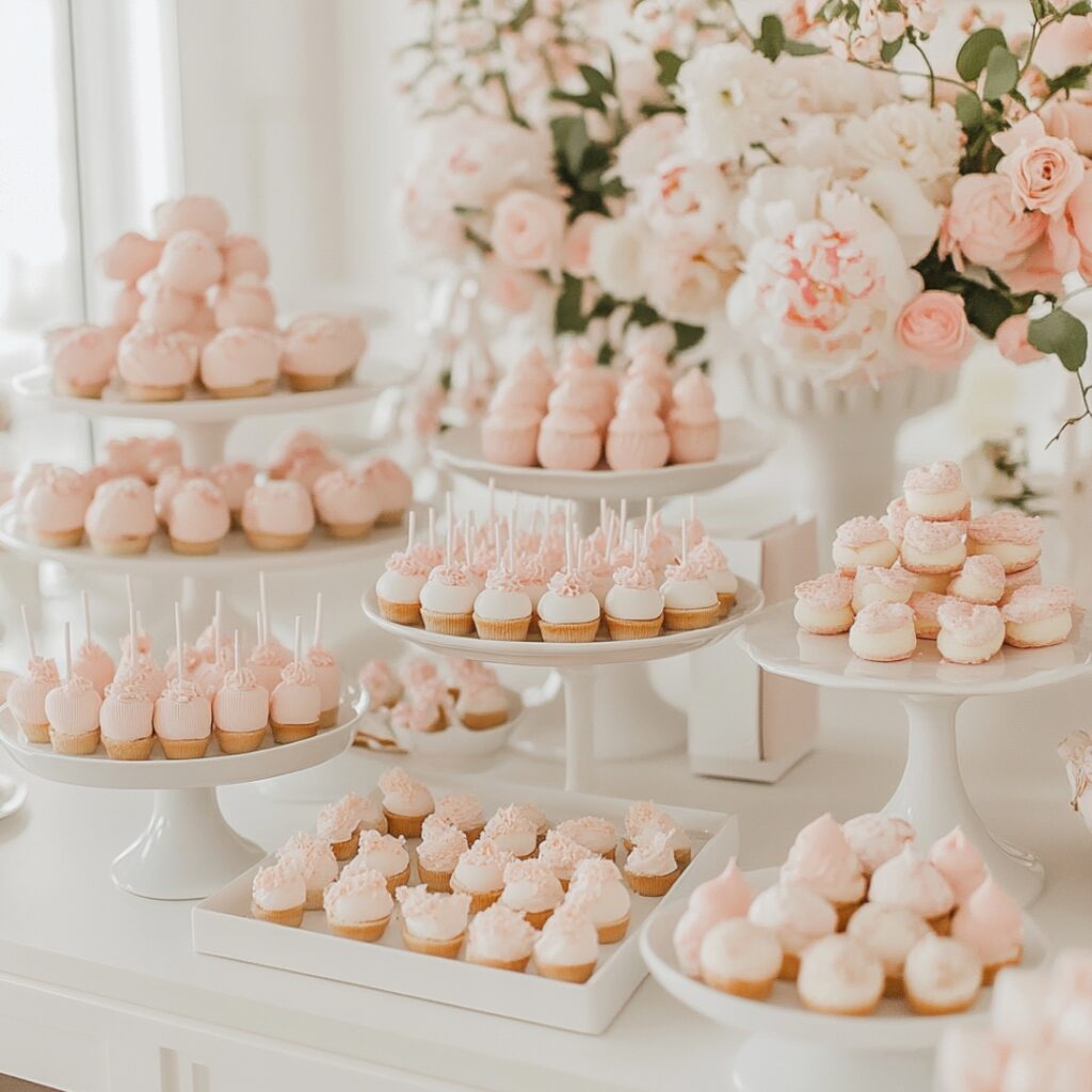 A cohesive minimalist dessert table featuring blush-toned treats like cake pops and mini eclairs, all displayed on matching trays and cake stands for a unified look.