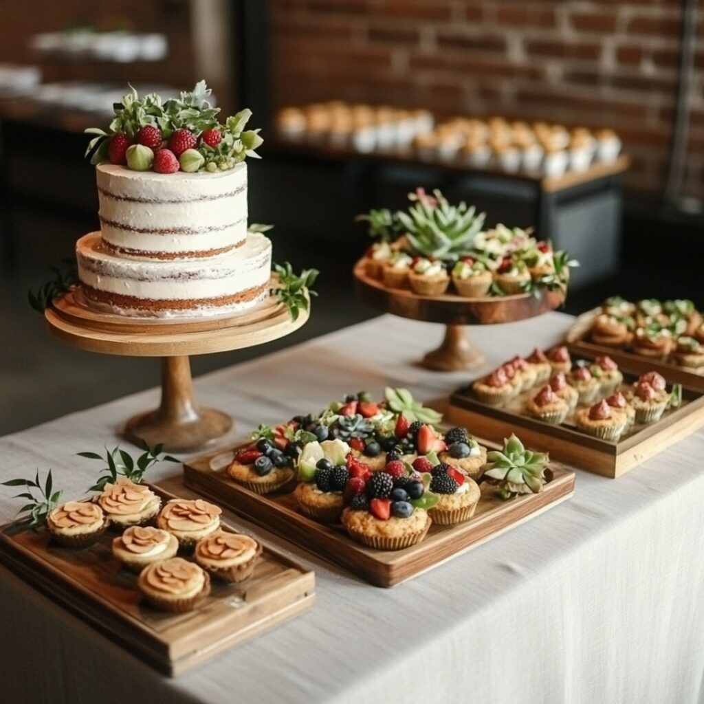 A fresh minimalist dessert table with neutral-toned linens, wooden trays displaying naked cakes, almond cookies, and fresh fruit tarts, accented with small greenery and succulents.