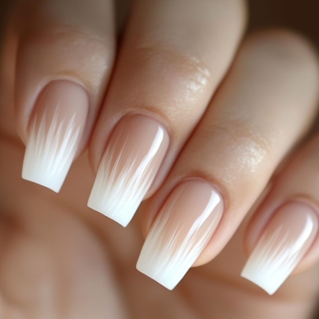 Stylish ombre French nails transitioning from a nude base to white tips, creating a gradient effect that adds depth and modern elegance to bridal nails.