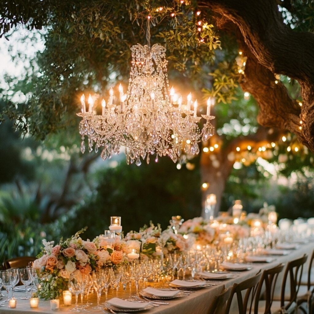 A glamorous outdoor chandelier hanging from tree branches, casting a sparkling light over the dining area, blending elegance with the natural beauty of a garden wedding.