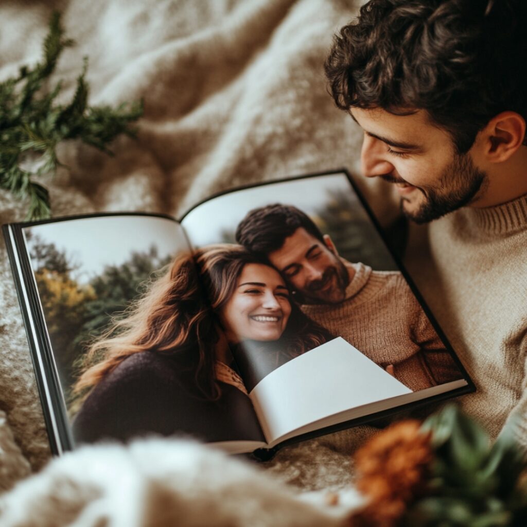 Photo of a personalized book that tells the unique story of a couple’s relationship, complete with images and anecdotes.