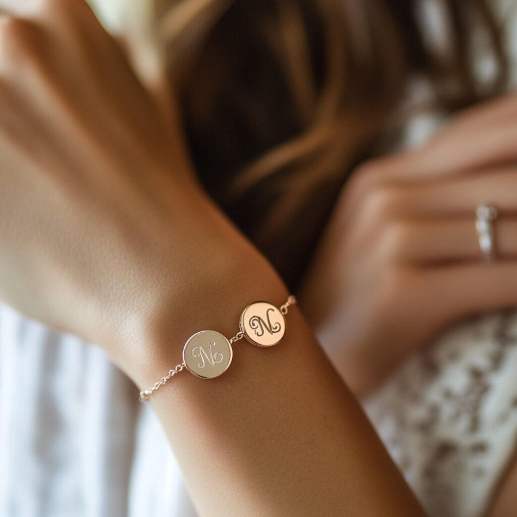 Elegant personalized bracelets and necklaces engraved with initials and wedding dates, perfect as timeless bachelorette gifts.