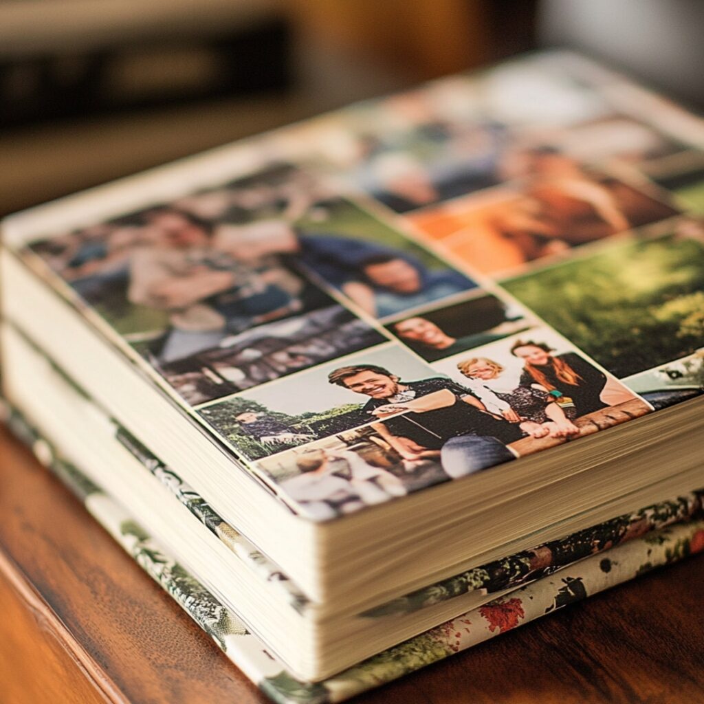 Close-up of a personalized photo album filled with memories, captions, and inside jokes from a relationship.