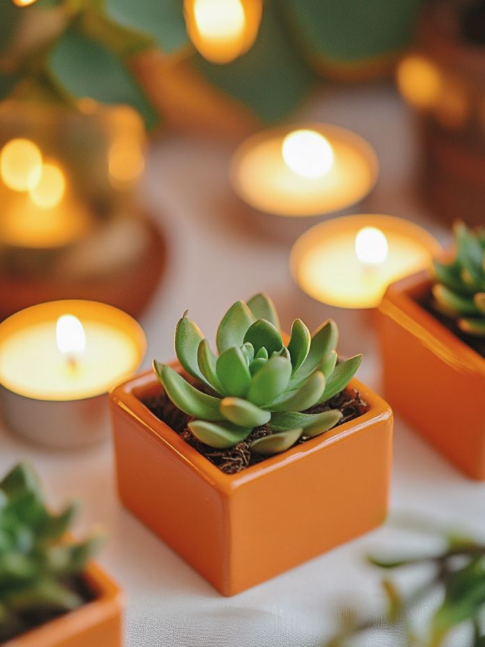 DIY personalized wedding favors like candles, mini plants, or hand-painted frames as heartfelt tokens for guests.