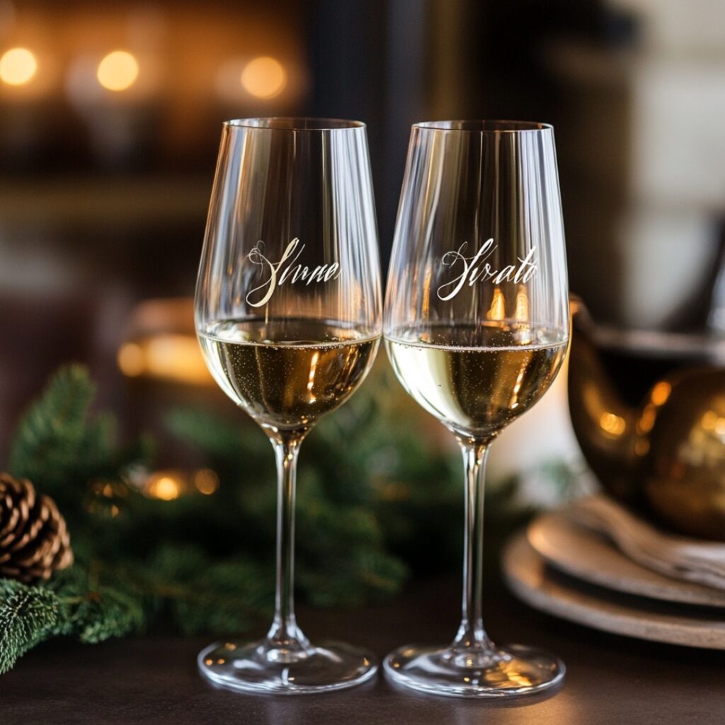 Sophisticated personalized wine glasses engraved with names, paired with wine or champagne for a memorable bachelorette gift.