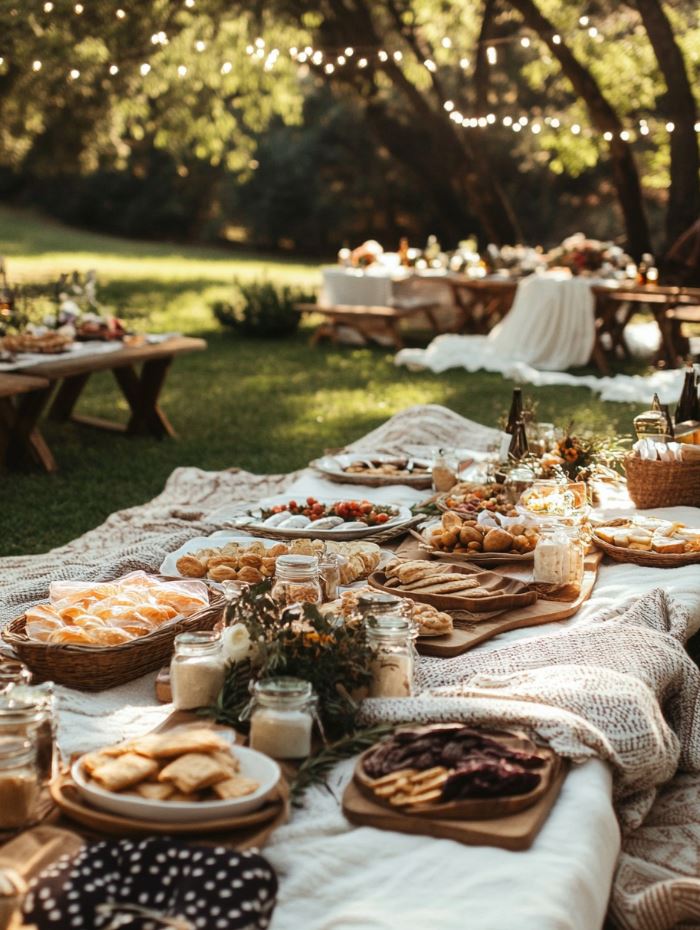 Picnic-style wedding reception with blankets and homemade food in a relaxed, outdoor setting for a fun, laid-back celebration.