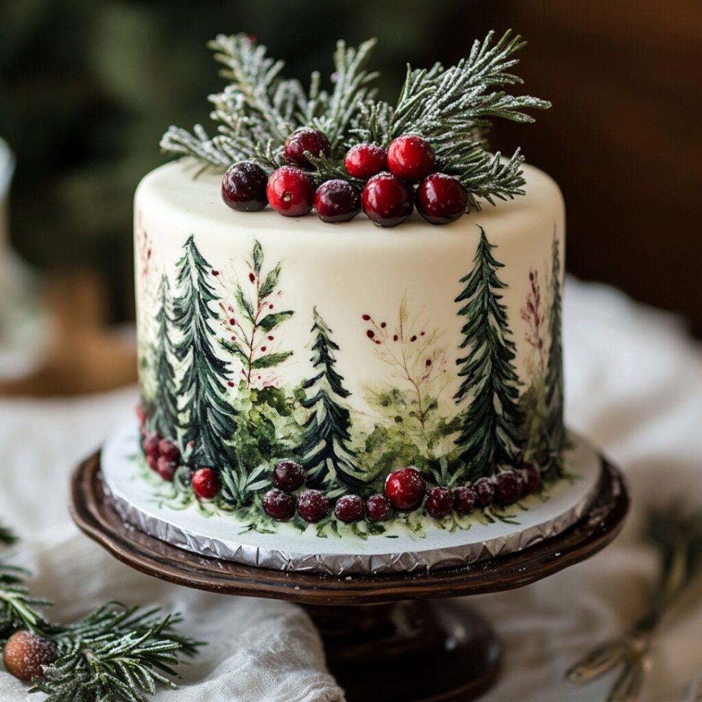A chocolate-based small wedding cake inspired by a winter pine forest, adorned with hand-painted pine trees, sprigs of rosemary, cranberries, and a peppermint buttercream filling.