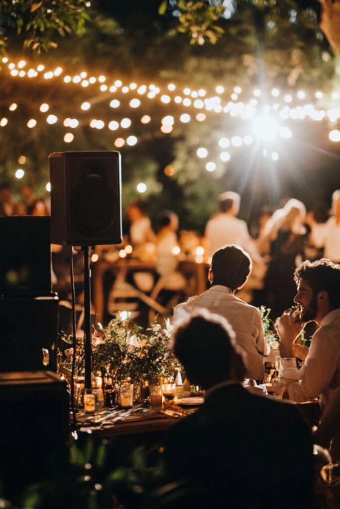 A wedding playlist playing through a speaker system, with guests enjoying a lively atmosphere, illustrating a personalized and budget-friendly music option.