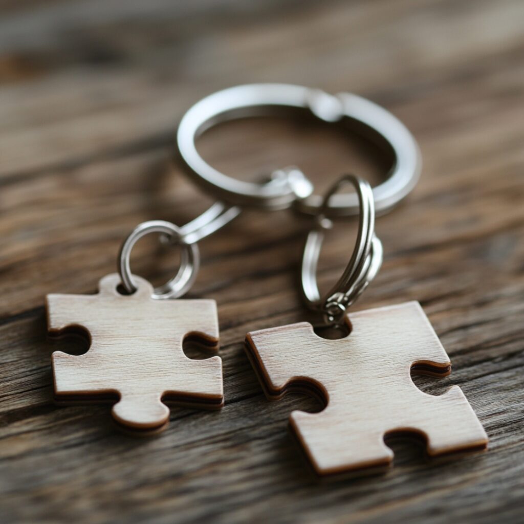 Image of puzzle piece keychains, symbolizing how two people fit together perfectly, even when apart.