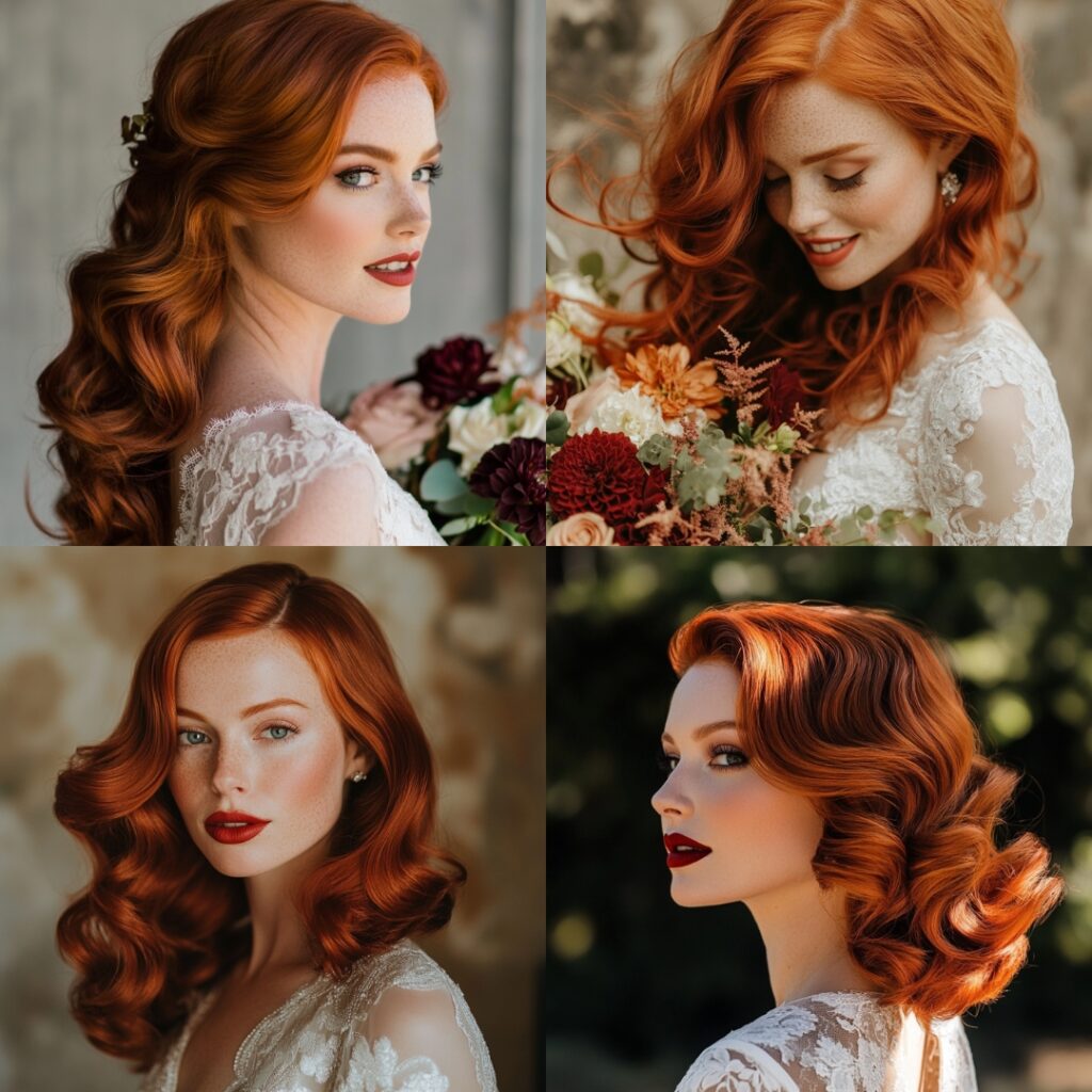 Bride with vibrant red hair in fiery copper or deep burgundy, styled in vintage-inspired waves, adding passion and vibrancy to her wedding day look.