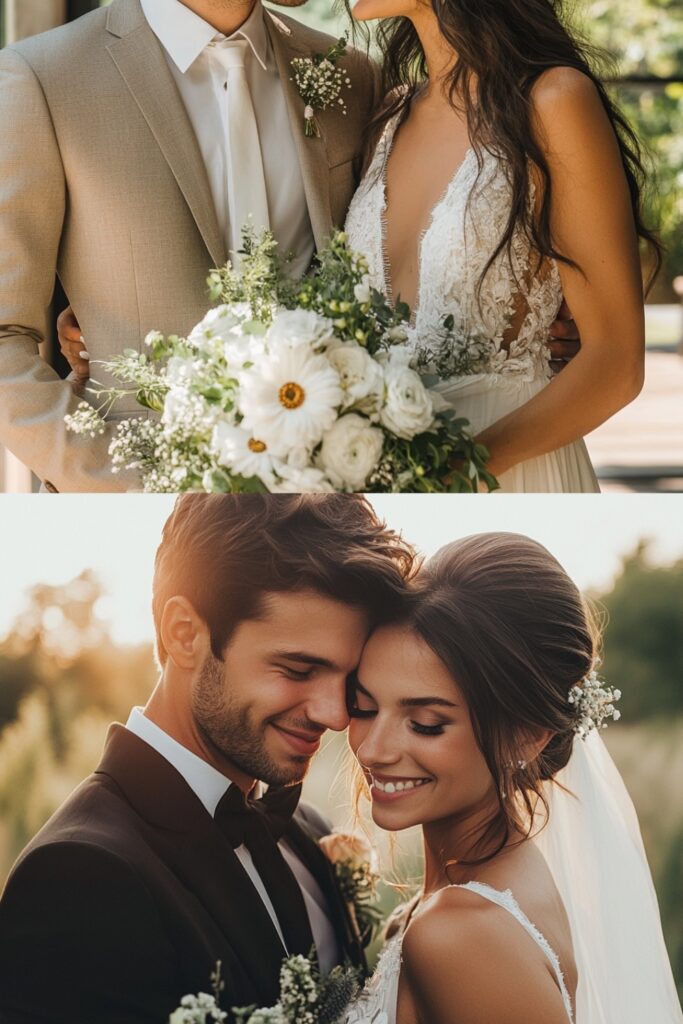 A bride and groom in stylish, rented or borrowed wedding attire, emphasizing the cost-saving and meaningful approach to wedding day fashion.