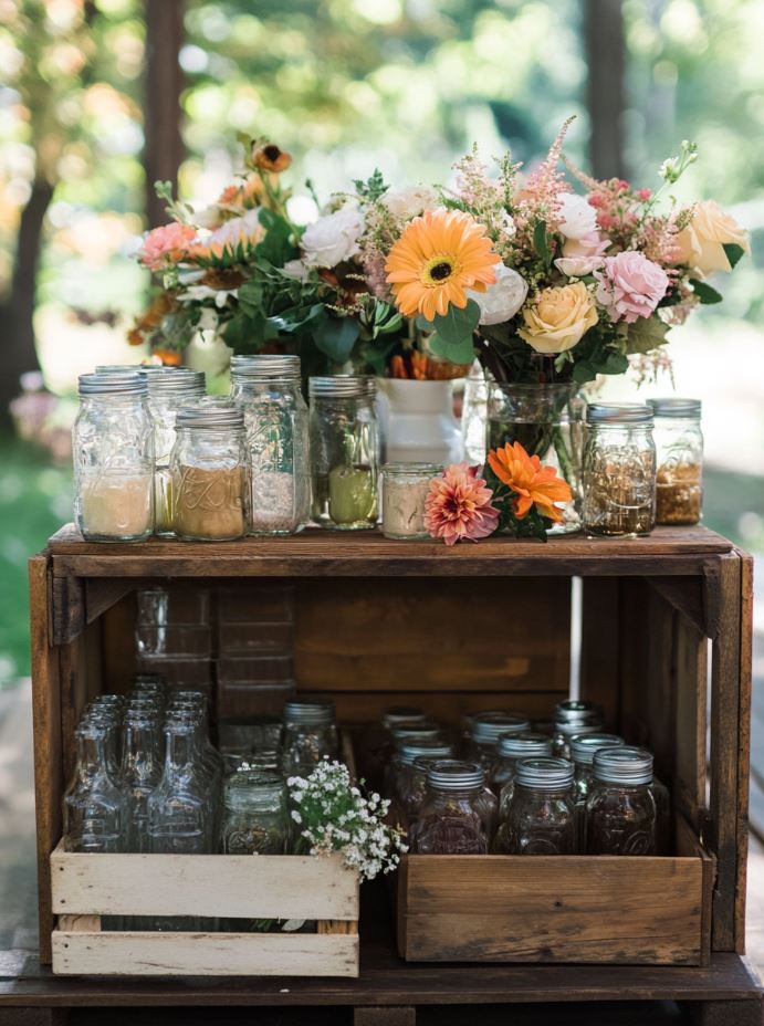 Creative, repurposed wedding décor using items like vintage furniture, mason jars, and wooden crates for a unique, sustainable touch.