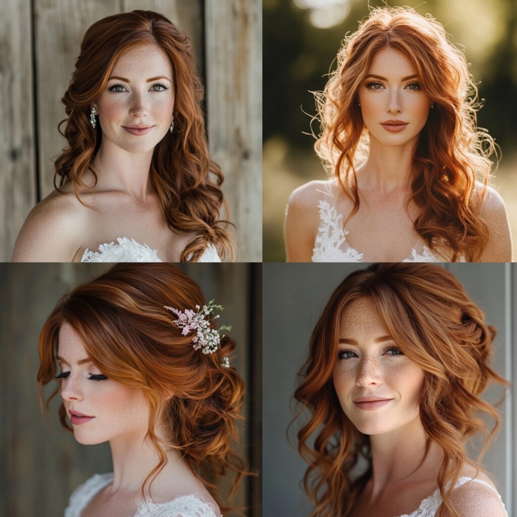 Bride with auburn highlights styled in loose, flowing hair, creating a romantic and warm look perfect for a rustic or elegant wedding theme.