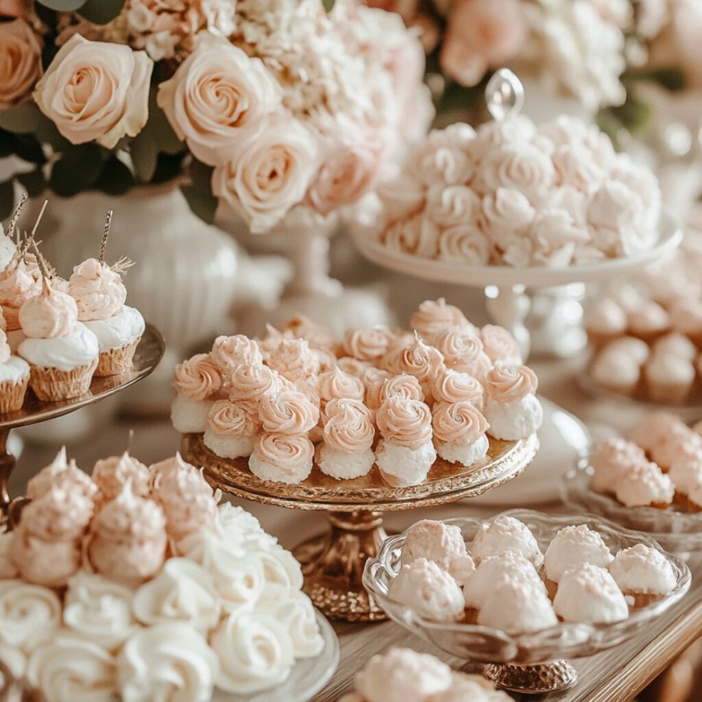 A romantic dessert table with blush and rose gold tones, showcasing pink champagne truffles, mini pavlovas, and floral decor for an elegant touch.
