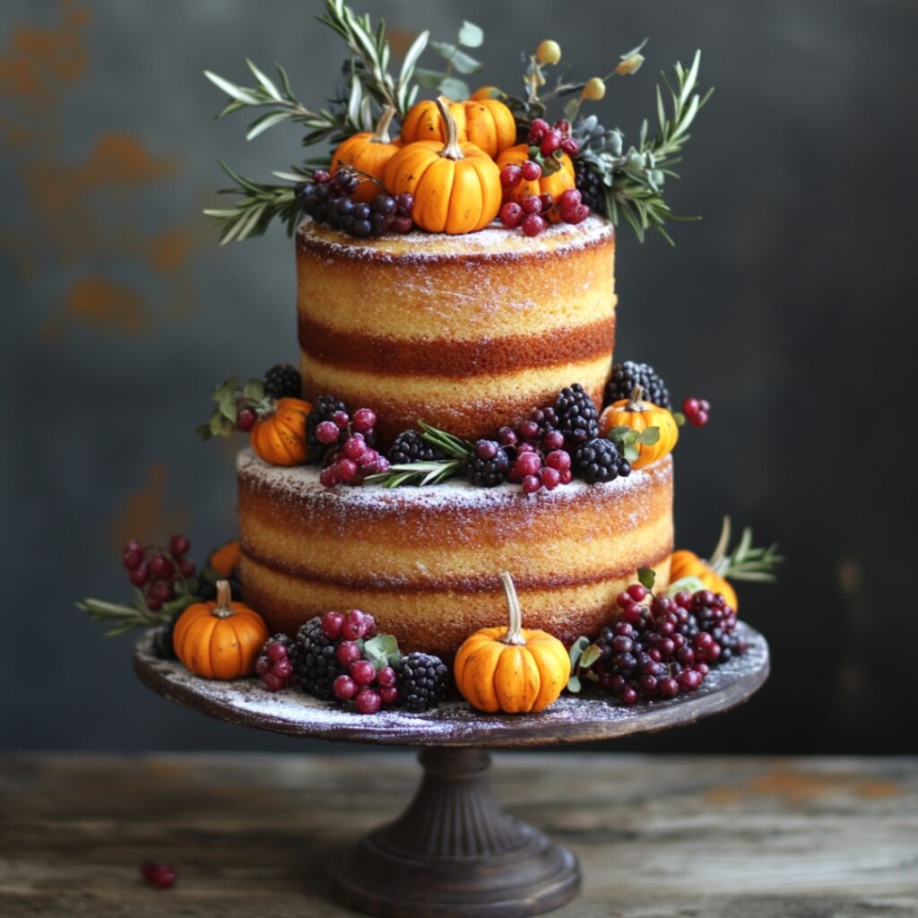 Rustic fall wedding cake with naked layers, decorated with fresh seasonal berries, rosemary sprigs, mini pumpkins, and a dusting of powdered sugar, capturing the natural autumn beauty.