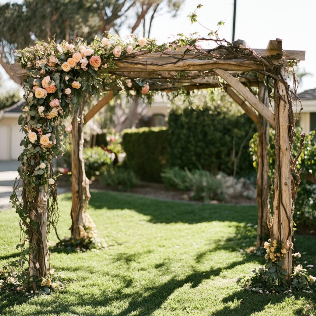 A rustic wedding arbor made from natural wood and vines, adorned with flowers, providing an intimate and charming space for exchanging vows in a garden.