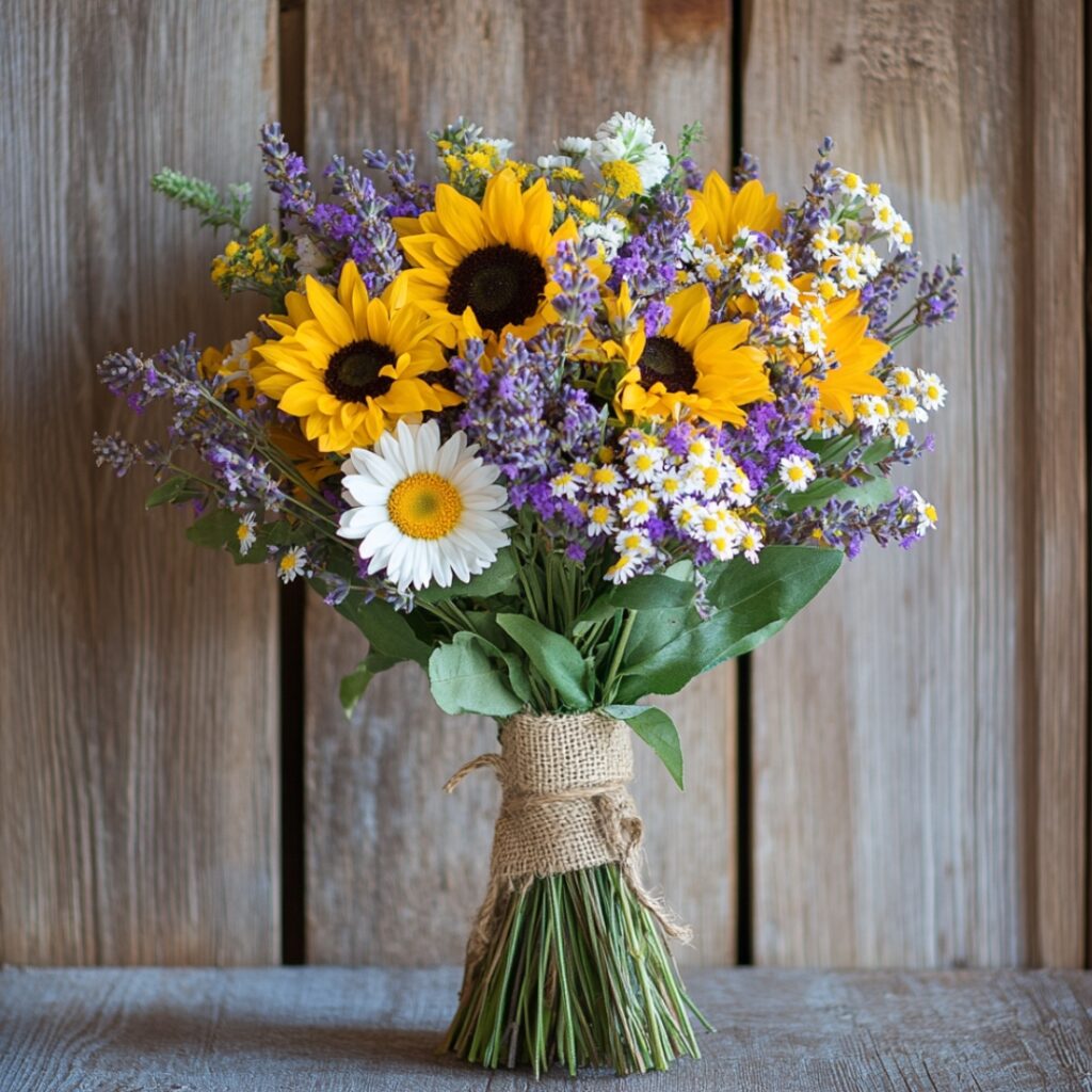 A wildflower bouquet with daisies, lavender, and sunflowers tied with burlap, showcasing natural elegance and rustic charm.