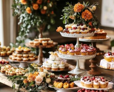A beautifully curated wedding dessert table showcasing seasonal treats that create a cohesive and memorable theme, tailored to each season's unique flavors and decor.