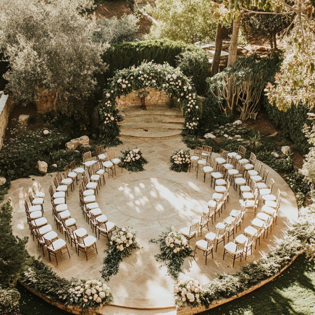 Semi-circle seating arrangement at an outdoor wedding, with chairs surrounding the ceremony space; lush greenery or floral decor along the outer edge, creating an intimate, panoramic viewing experience for guests.