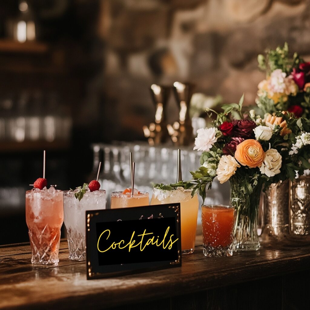 A stylish sign displaying the names and ingredients of custom cocktails at a wedding, with personal touches like being named after the couple or pets, enticing guests to try something new.