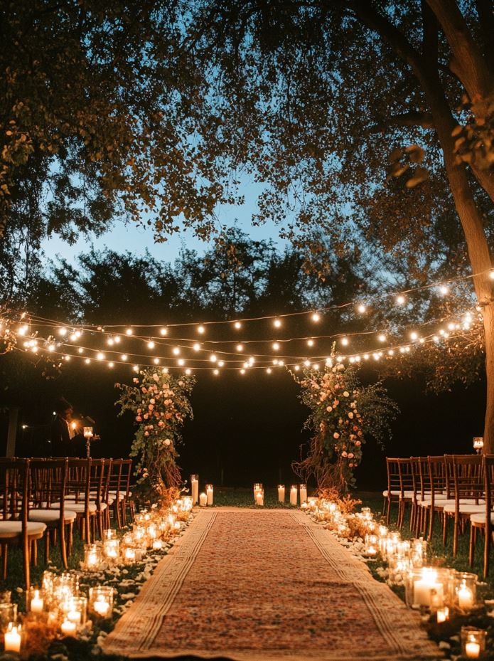A magical outdoor wedding ceremony at night under the stars, with string lights and candles creating a romantic, intimate atmosphere.
