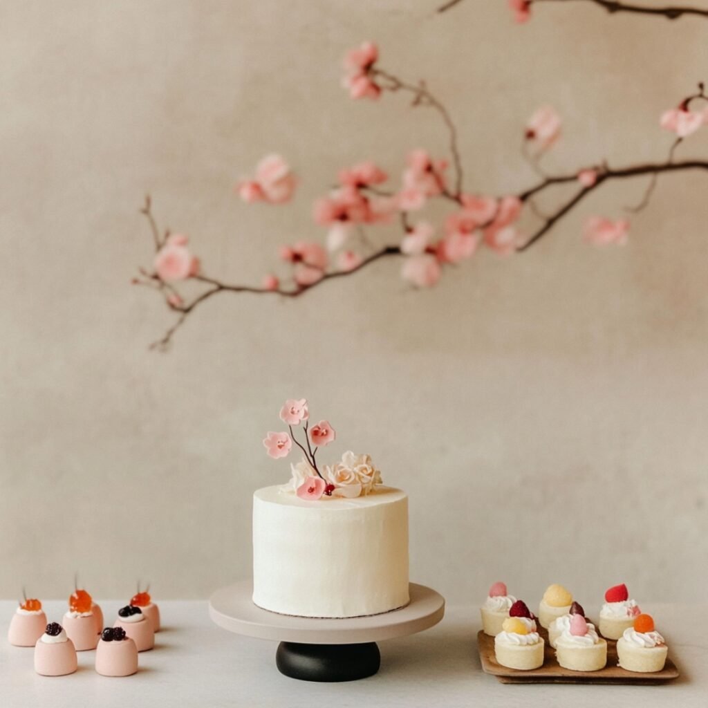 Minimalist dessert table featuring a single-tier cake with smooth white frosting, accented by a delicate floral touch, surrounded by small, color-coordinated dessert bites in a simple, elegant arrangement.