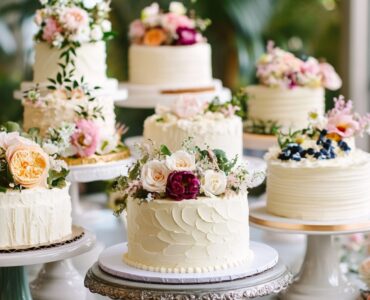 A variety of single-tier wedding cakes, showcasing designs from rustic to modern to tropical, highlighting the versatility and elegance of these cakes as customizable options that allow couples to add a personal touch to their wedding day.