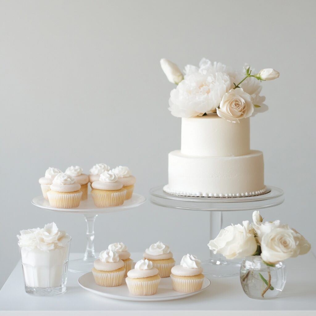 A minimalist white dessert table featuring macarons, frosted cupcakes, and a small tiered cake with subtle white floral accents and clear glass platters.
