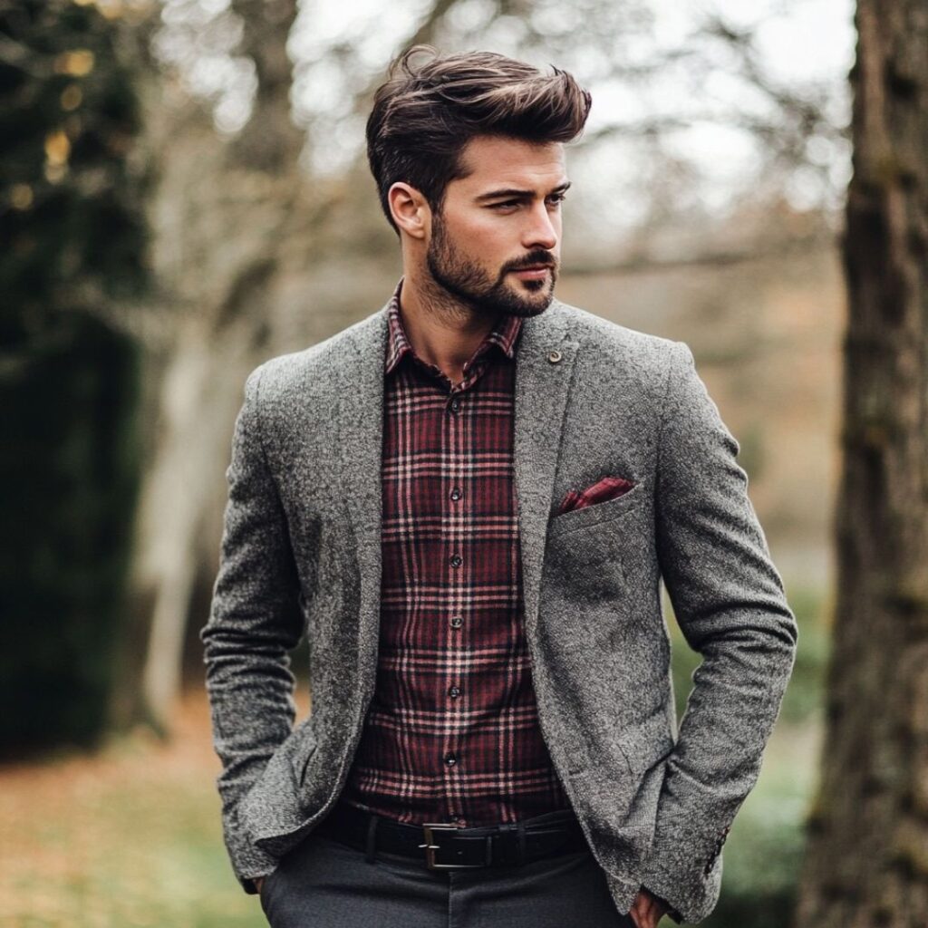 Man in a grey blazer with dark chinos and a soft flannel shirt, ideal for a relaxed fall wedding.