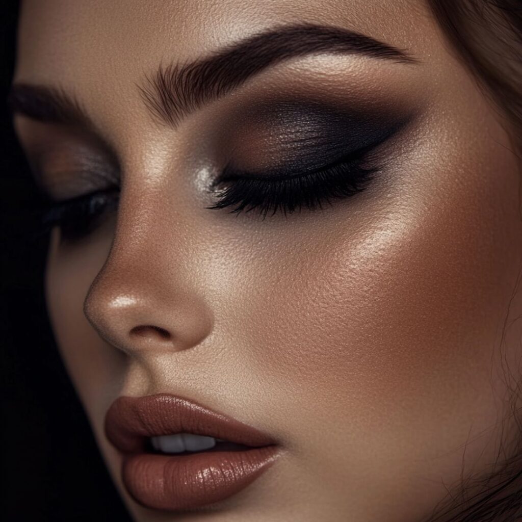 A woman with a smoky eye makeup look, featuring dark matte eyeshadow blended with lighter shades, intense eyeliner, and a nude lip, ideal for a sultry and mysterious date night.