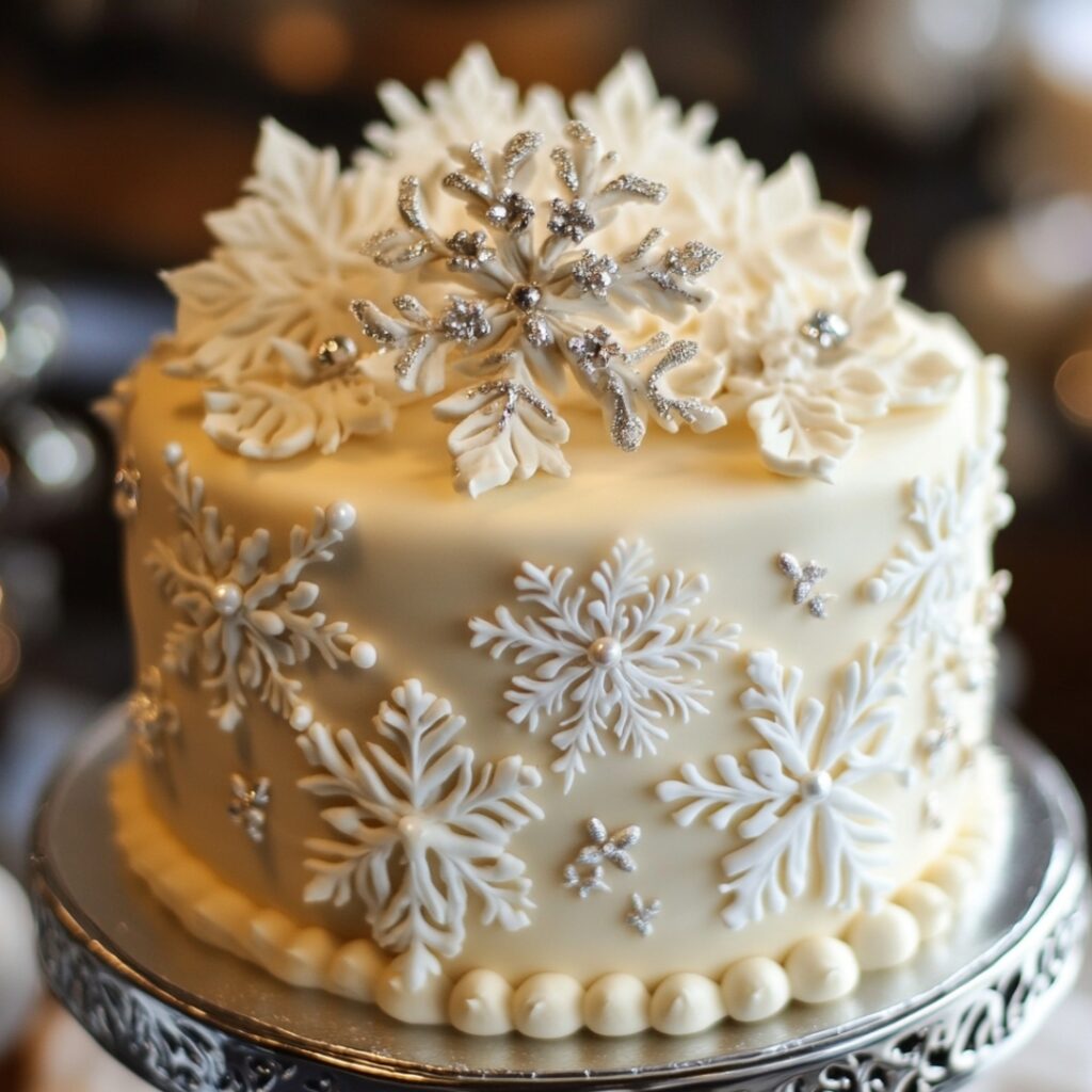 A winter-themed small wedding cake featuring delicate snowflake designs on white fondant, with a light vanilla sponge, white chocolate filling, and edible silver pearls.