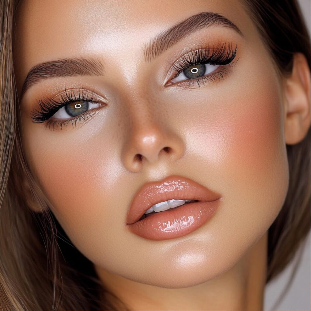 A woman with a soft glam makeup look, featuring a dewy foundation, warm neutral eyeshadows, winged eyeliner, and a nude pink lip, perfect for a romantic date night.