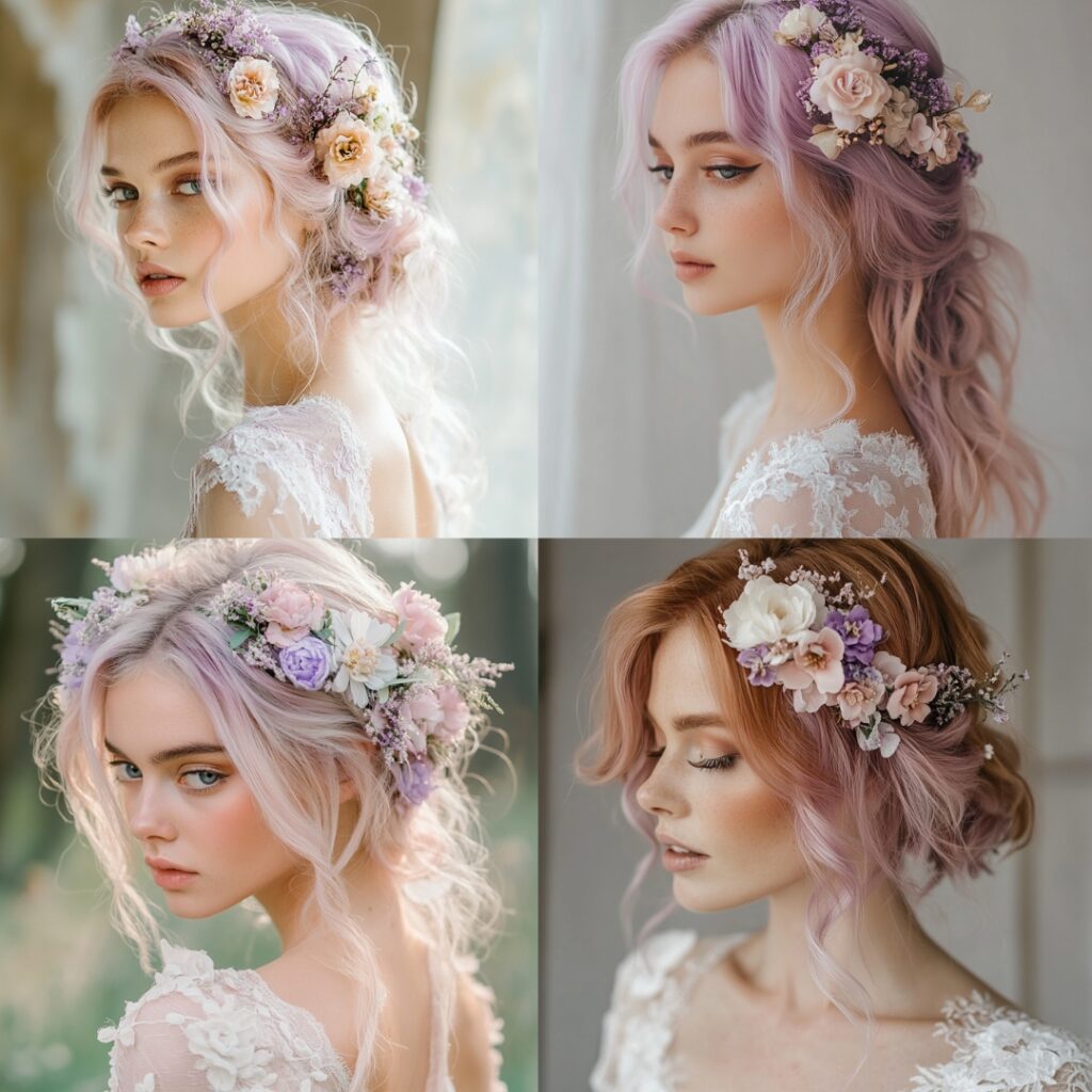 Bride with soft pastel hair in blush pink or lavender, styled in delicate waves with floral accessories, creating a whimsical and ethereal look.
