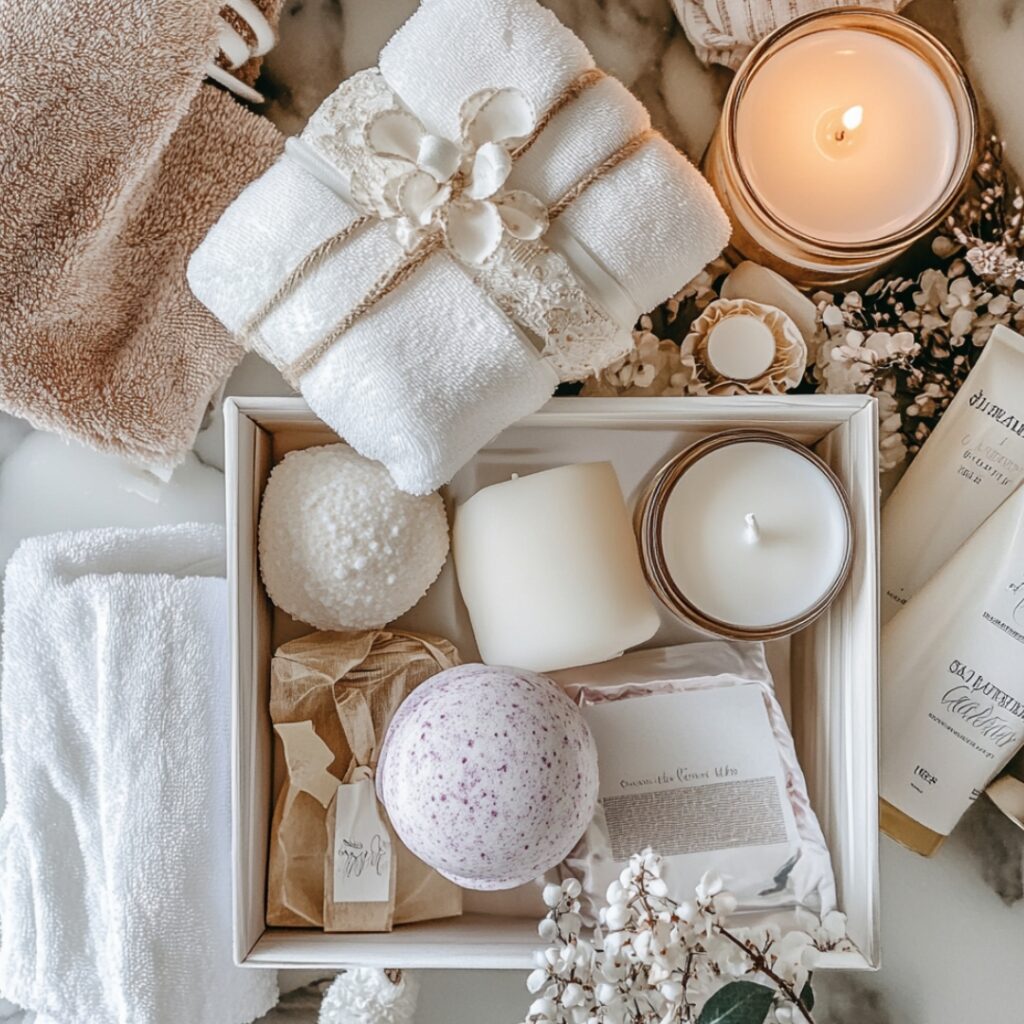 Luxurious spa day essentials kit featuring bath bombs, candles, and plush robes, perfect for pampering the bride and her bridal party.