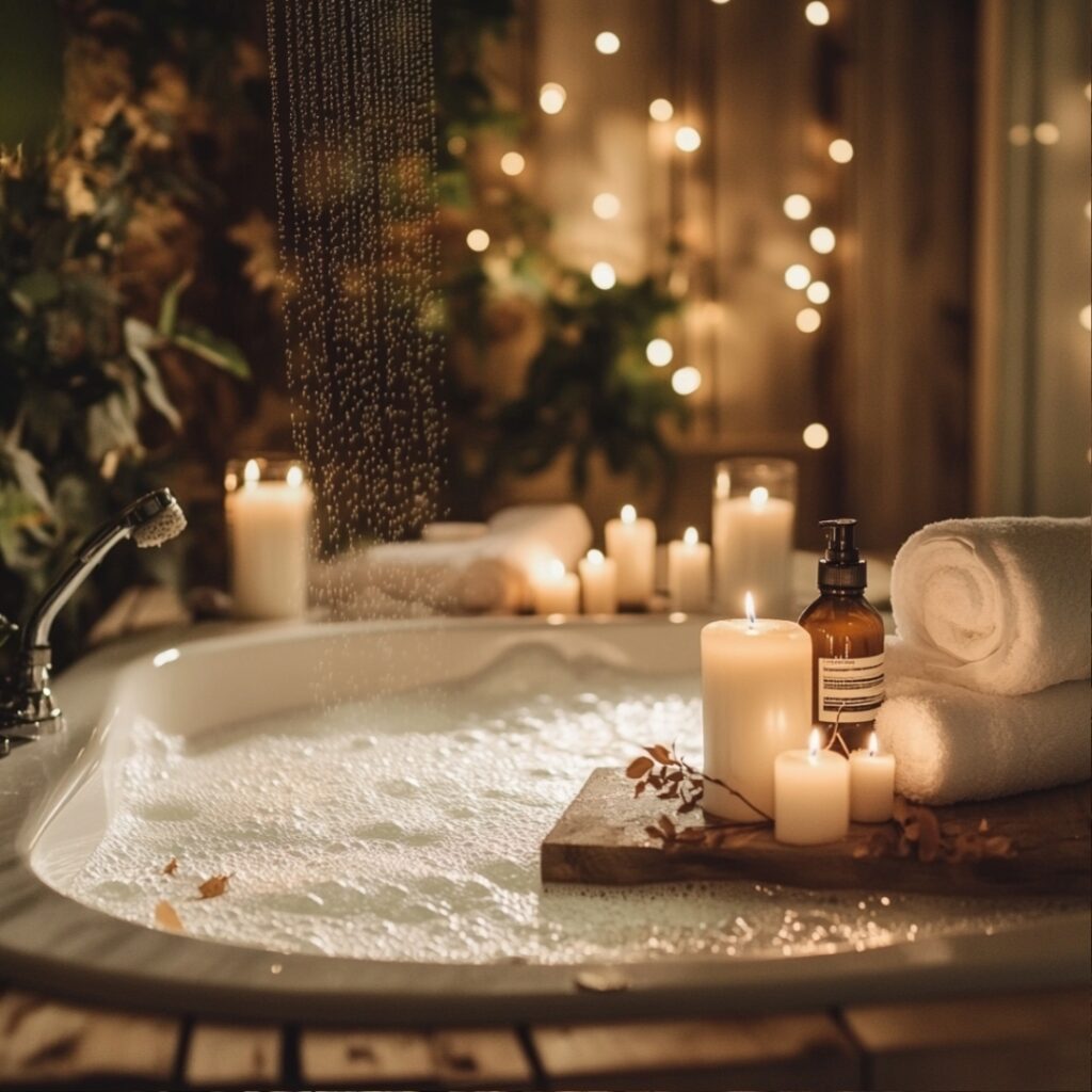 A serene home spa setup with candles, essential oils, and a bubble bath, where a couple is pampering each other and relaxing together.