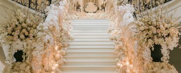Staircase wedding decor showcasing elegant, personalized elements that transform an ordinary staircase into a stunning visual journey, symbolizing the couple's path together.