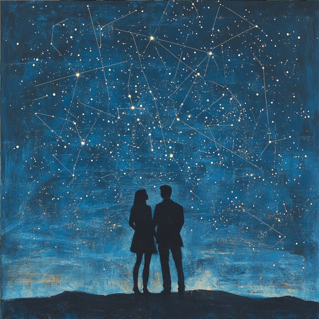Artistic representation of a custom star map, showing the night sky on a significant date in a relationship.