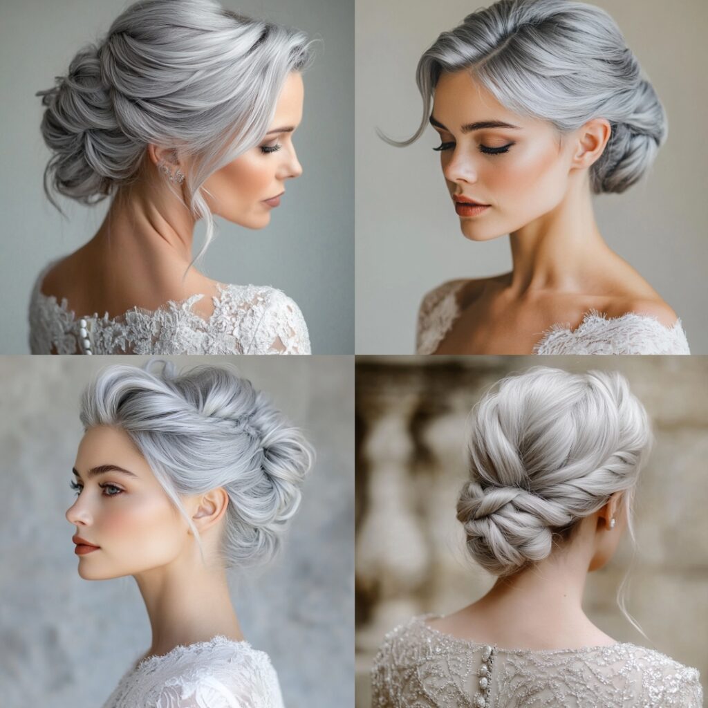 Bride with striking silver or grey hair, styled in a polished updo, showcasing a modern and chic bridal look.