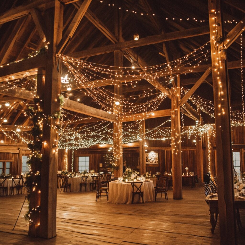 Warm and magical string lights draped across wooden beams at a barn wedding, creating a romantic and cozy ambiance.
