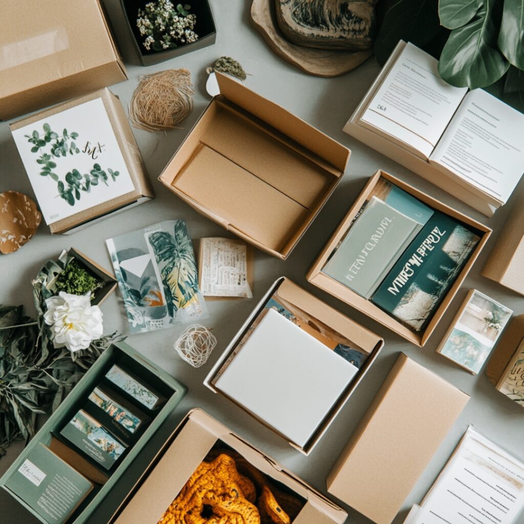 Image showing various subscription service boxes, including streaming platforms, book clubs, and wellness kits.