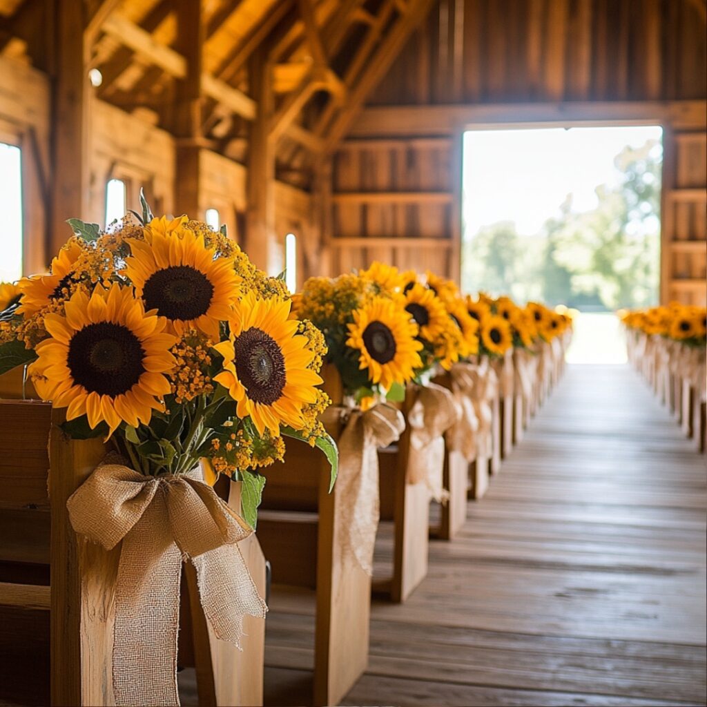 Bright sunflower aisle markers with burlap bows lining a barn wedding aisle, creating a warm and cheerful ambiance.